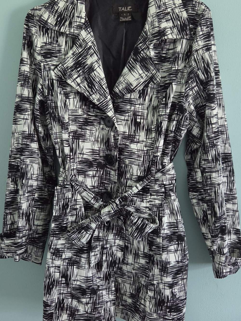 Talie Black & White Printed Trench Coat with Tie Waist